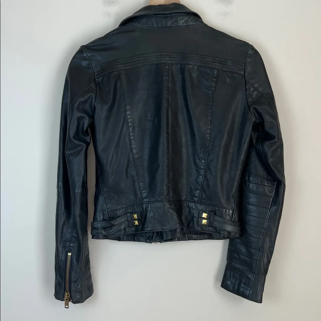 MNG Mango Sheep Leather Biker Jacket Studded Gold Black Rock Sz XS 90s - Image 6