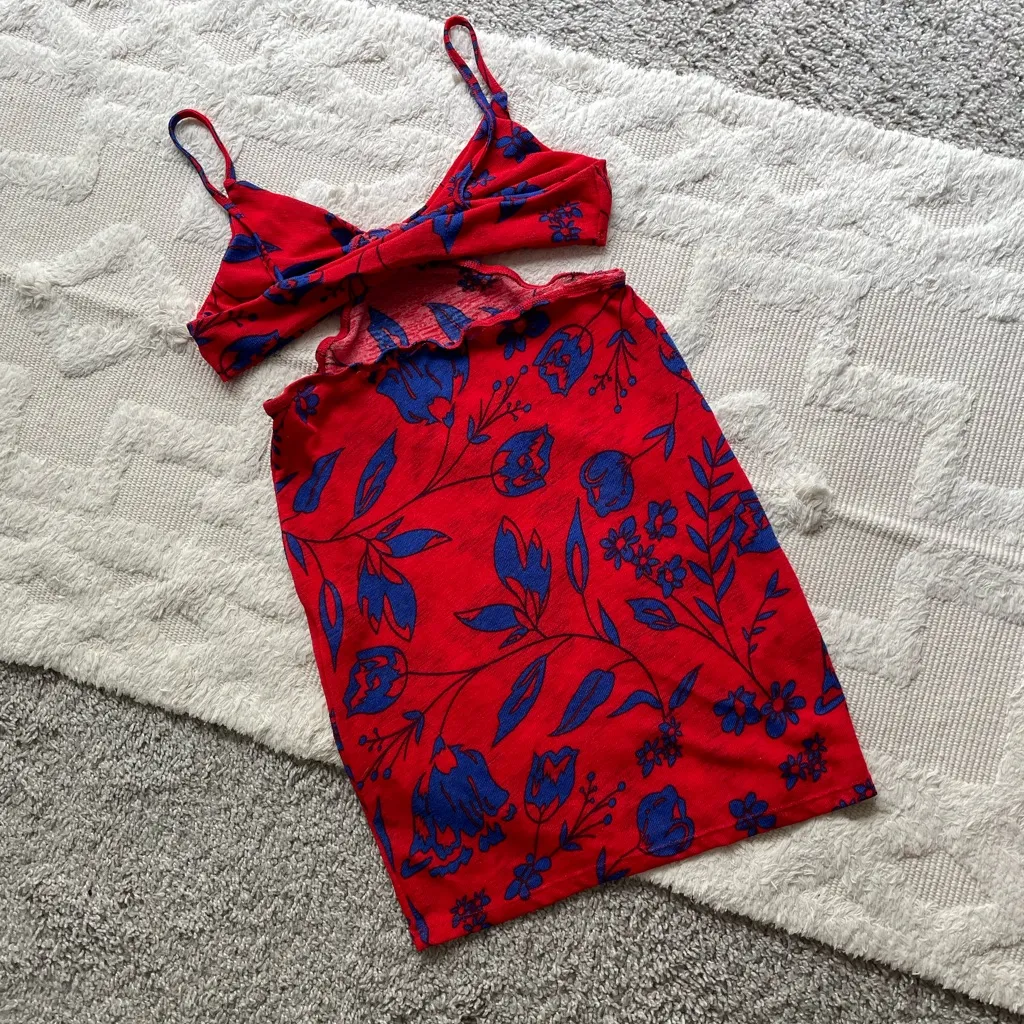 Shein red flower side cut out Bodycon fitted mini sun dress - Image 5