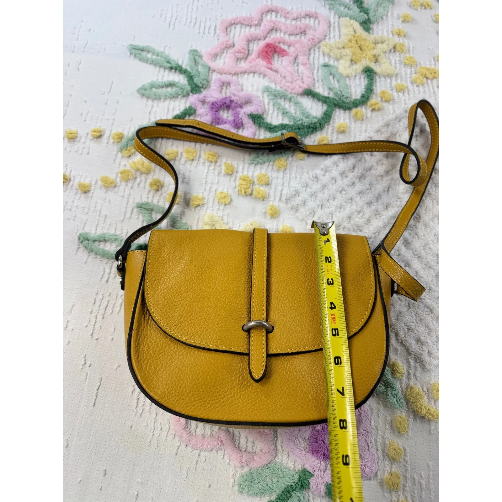 Borse in pelle Yellow genuine Leather Crossbody Saddle Bag Flap Closure Silver - Image 8