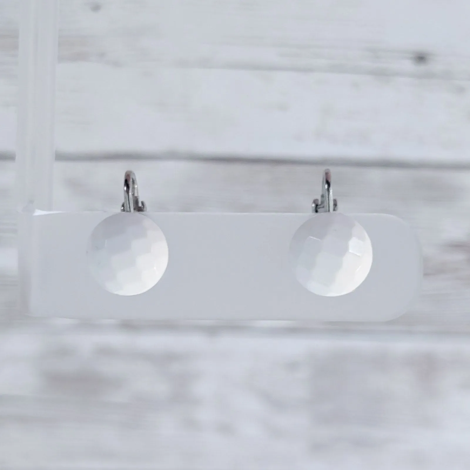 Vintage Clip On Earrings Dainty White Faceted Domed with Golf Ball Like Design - Image 2