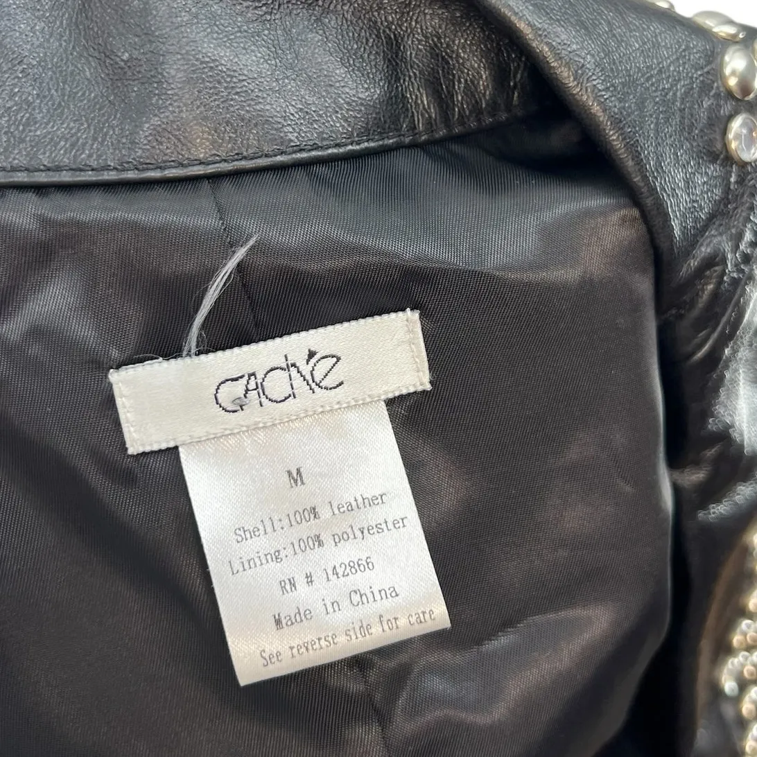 Cache Vintage Leather Jacket Cropped Studded‎ Rhinestones Black Size Medium - Image 10