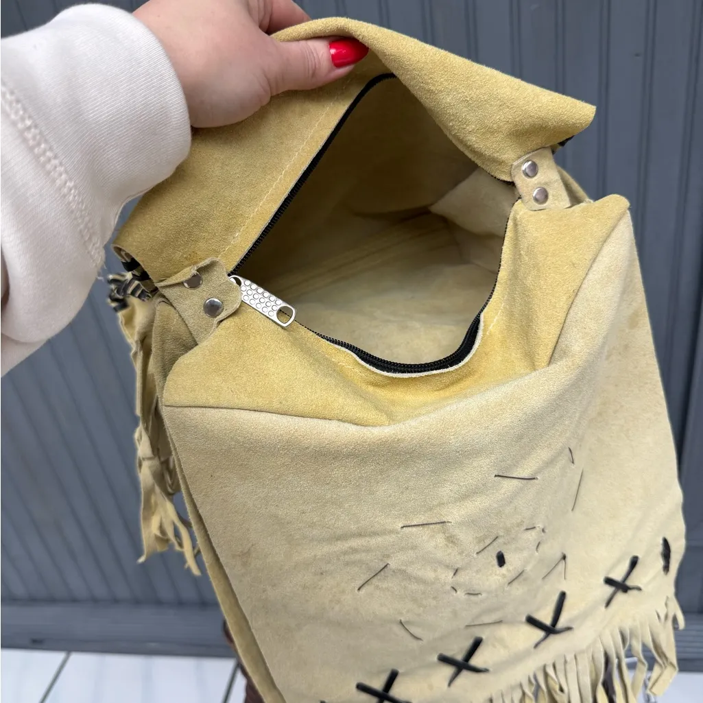 Vintage Handmade Yellow Suede Fringe Crossbody Bag Boho Festival Western - Image 10