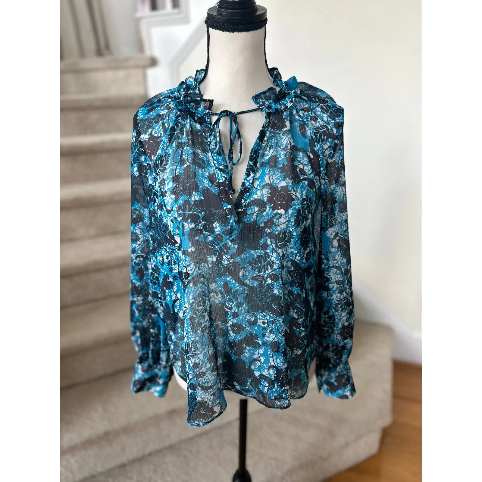 Anthropologie Blue Black Floral Lace Print SHEER Blouson Sleeve Blouse - Image 2