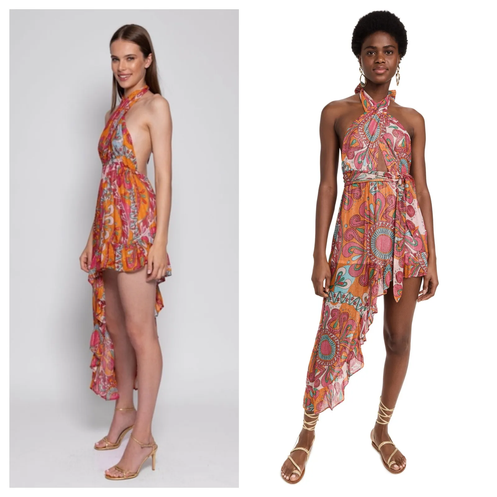 Sundress Amina Dress Size Large Fuchsia orange Print Halter Neck Asymmetric Hem - Image 9