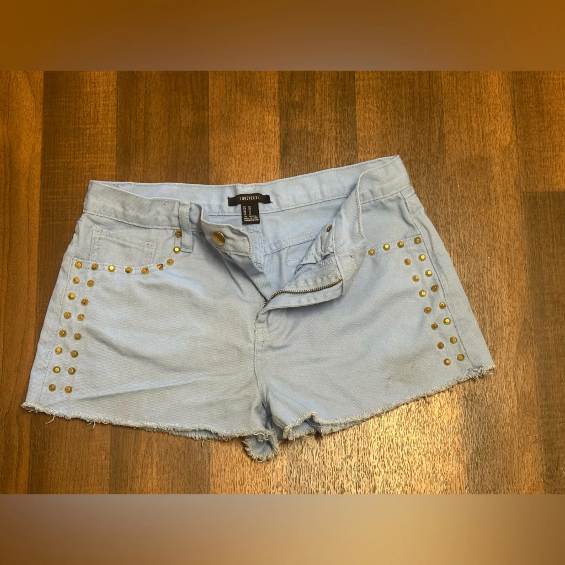 Forever 21 Blue and Gold Jean Shorts with Studded Detail - Image 3