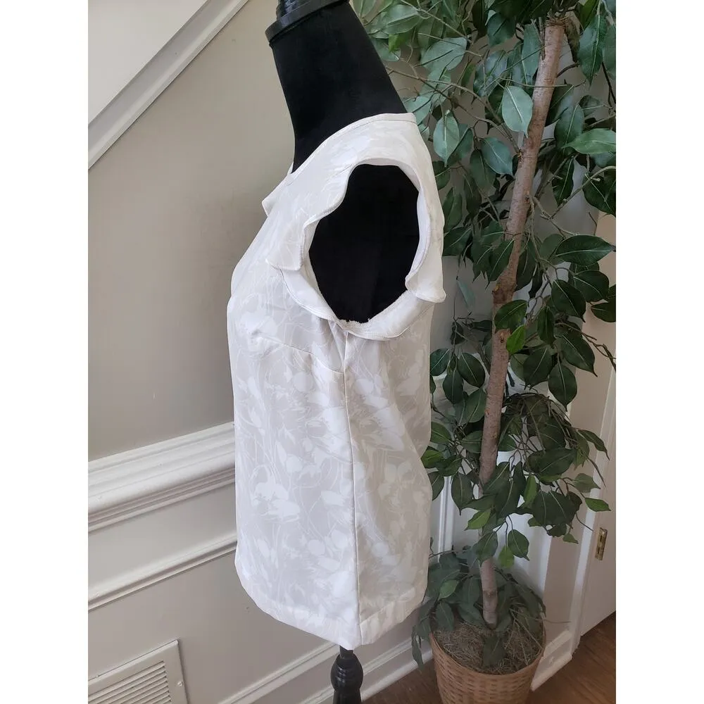 J.Crew Blouse Top Women's 0 Beige Floral Back Zip Ruffle Cap Sleeve Crew Neck - Image 11