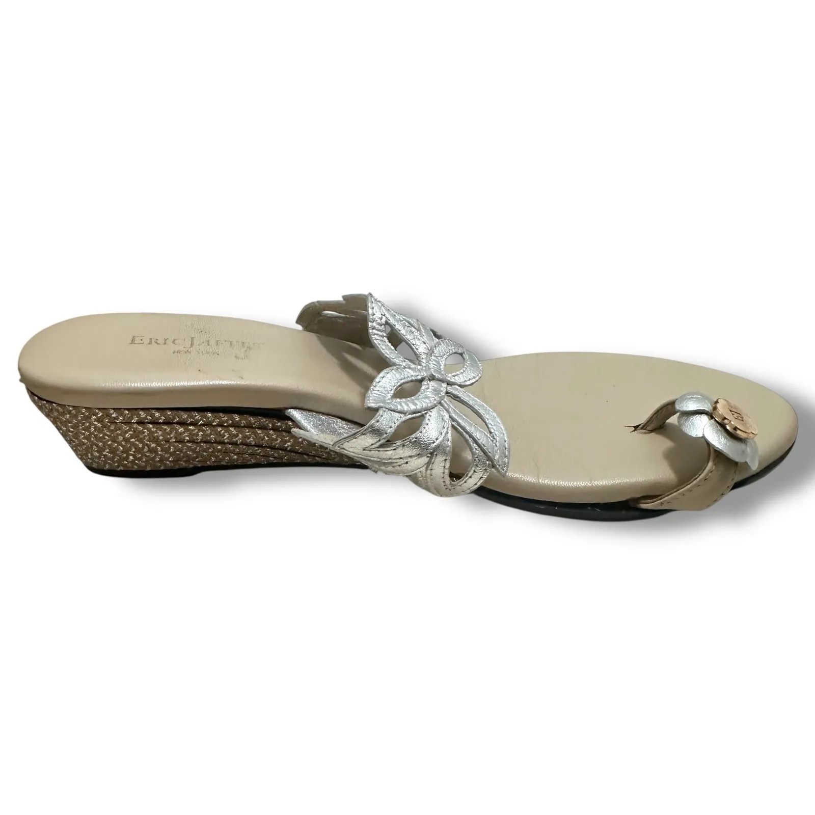 Eric Javits‎ New York Silver Floral Toe Ring Wedge Sandals Women's 9.5 M Resort Tan - Image 8