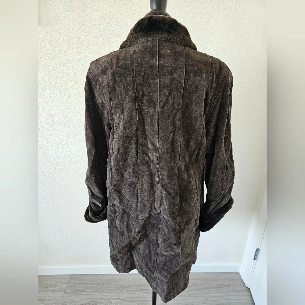 Gallery Dark Brown Suede Faux Fur Long Jacket Size L New With Tags - Image 3