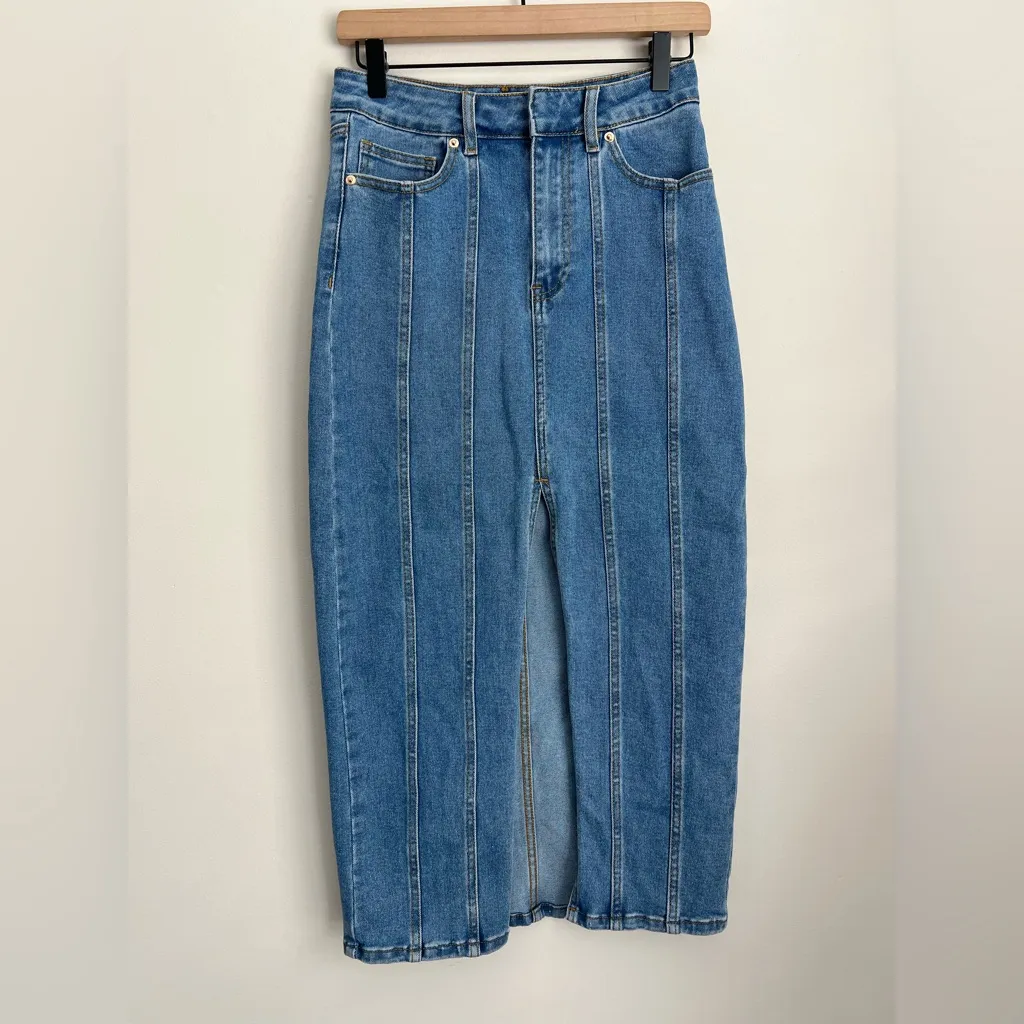 HOUSE OF HARLOW 1960 Denim Blue Denim Seamed Front Slit Midi Skirt Nicole Richie Size 6 - Image 2