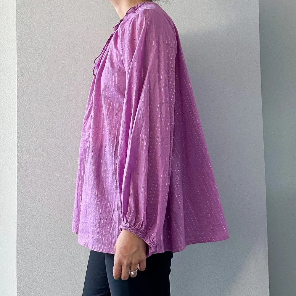 Emerson Fry India Collection Bardot Cotton Peasant Top in Pink Lurex Size Small Purple - Image 5