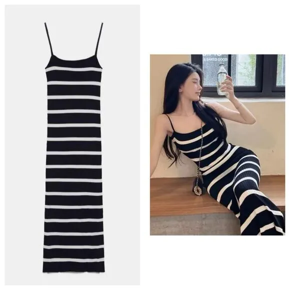 Zara Navy Striped Square-Neck Maxi Dress Medium Ribbed Knit Stretch Minimalist - Image 2