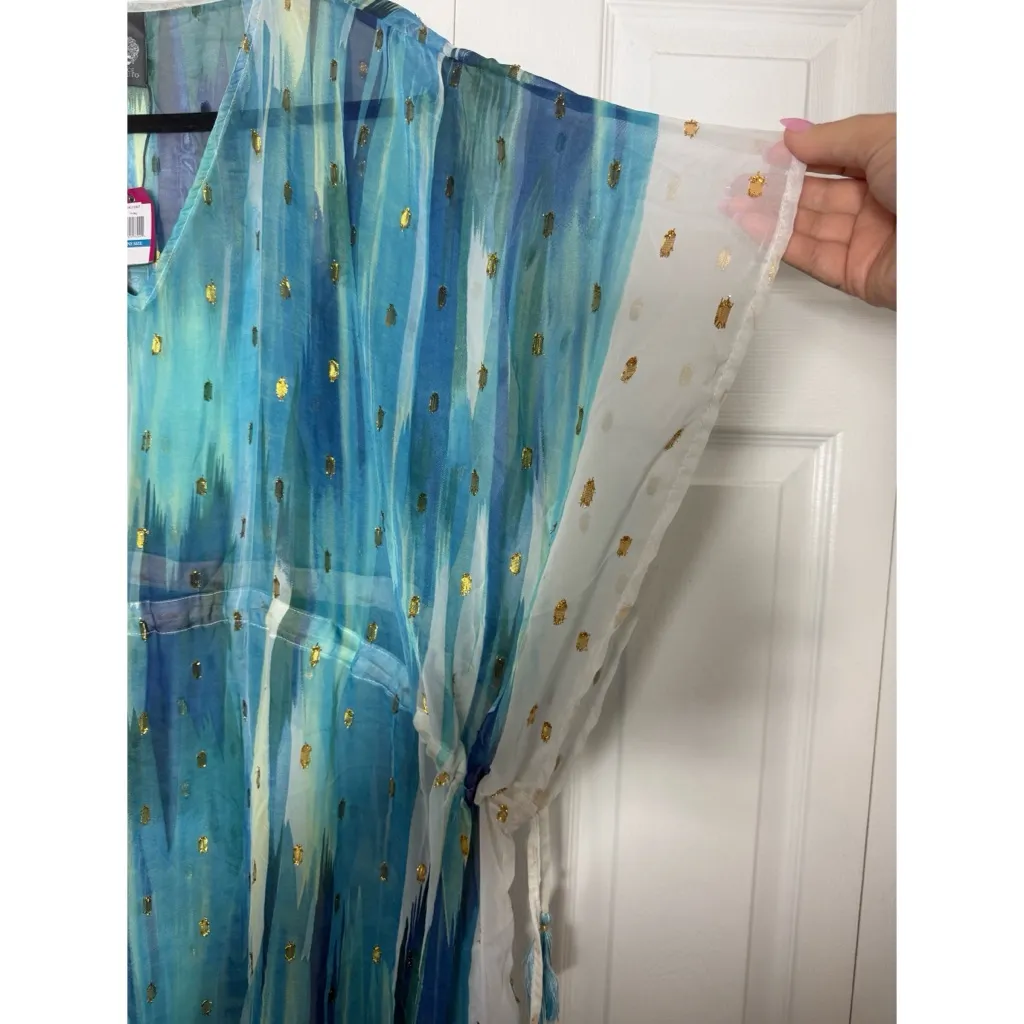 Vince Camuto Blue Ombre Metallic Chiffon Sheer Cover Up V-Neck Dress One Size - Image 8