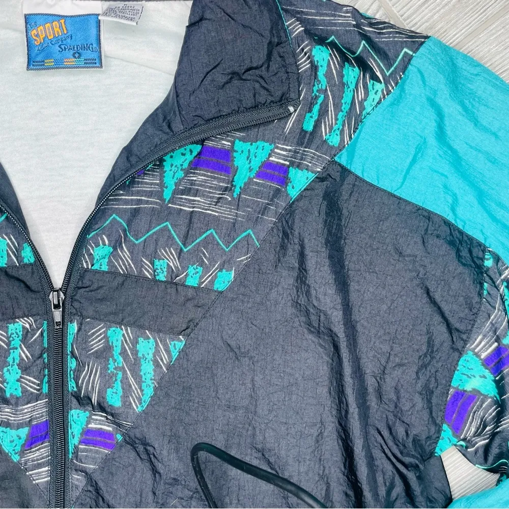 Spalding Vintage Windbreaker 90s Blue Abstract full zip long sleeve Jacket med - Image 2