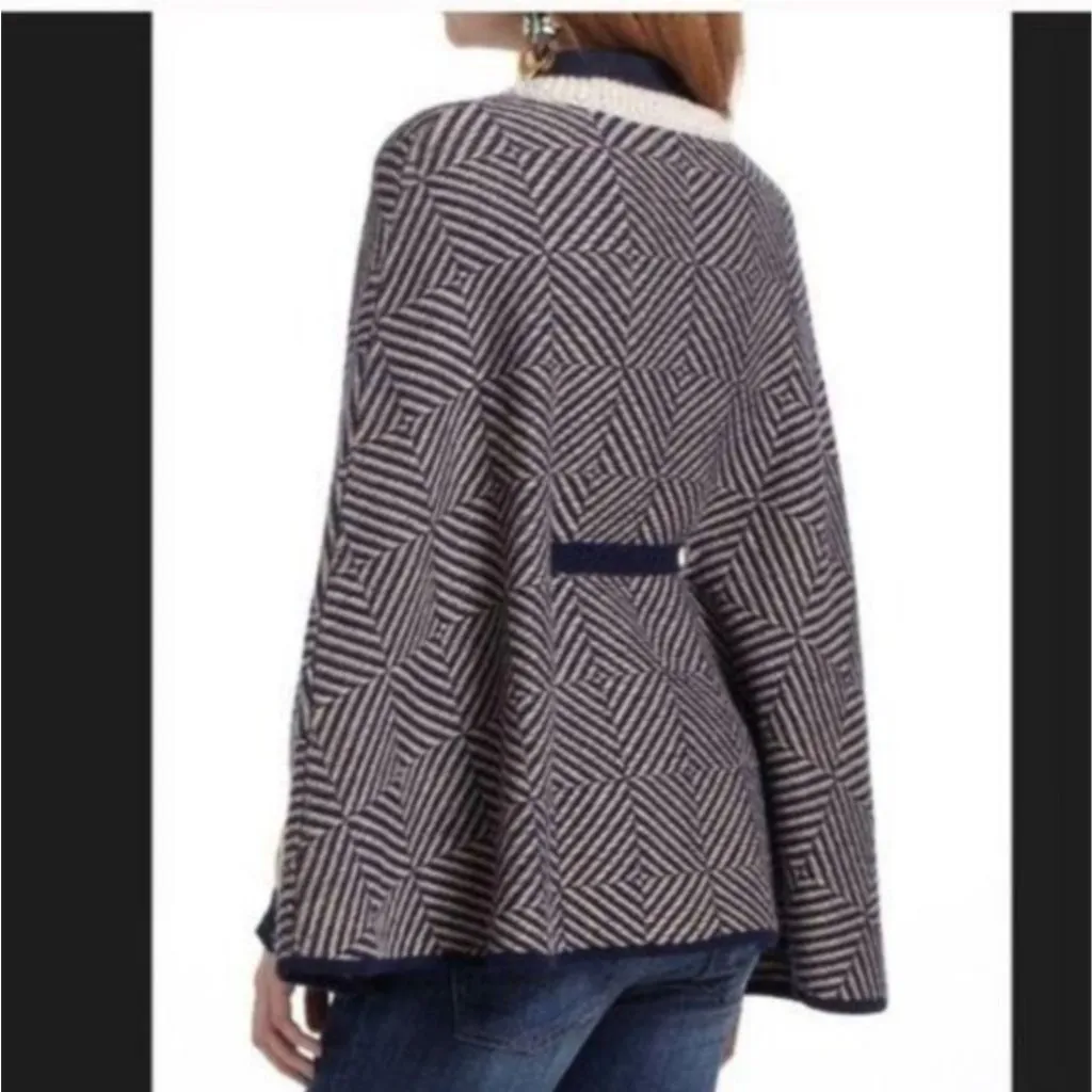 Anthropologie HWR Wool Blend Cable Knit Cape Cardigan Navy Ivory Jacket S/M - Image 4