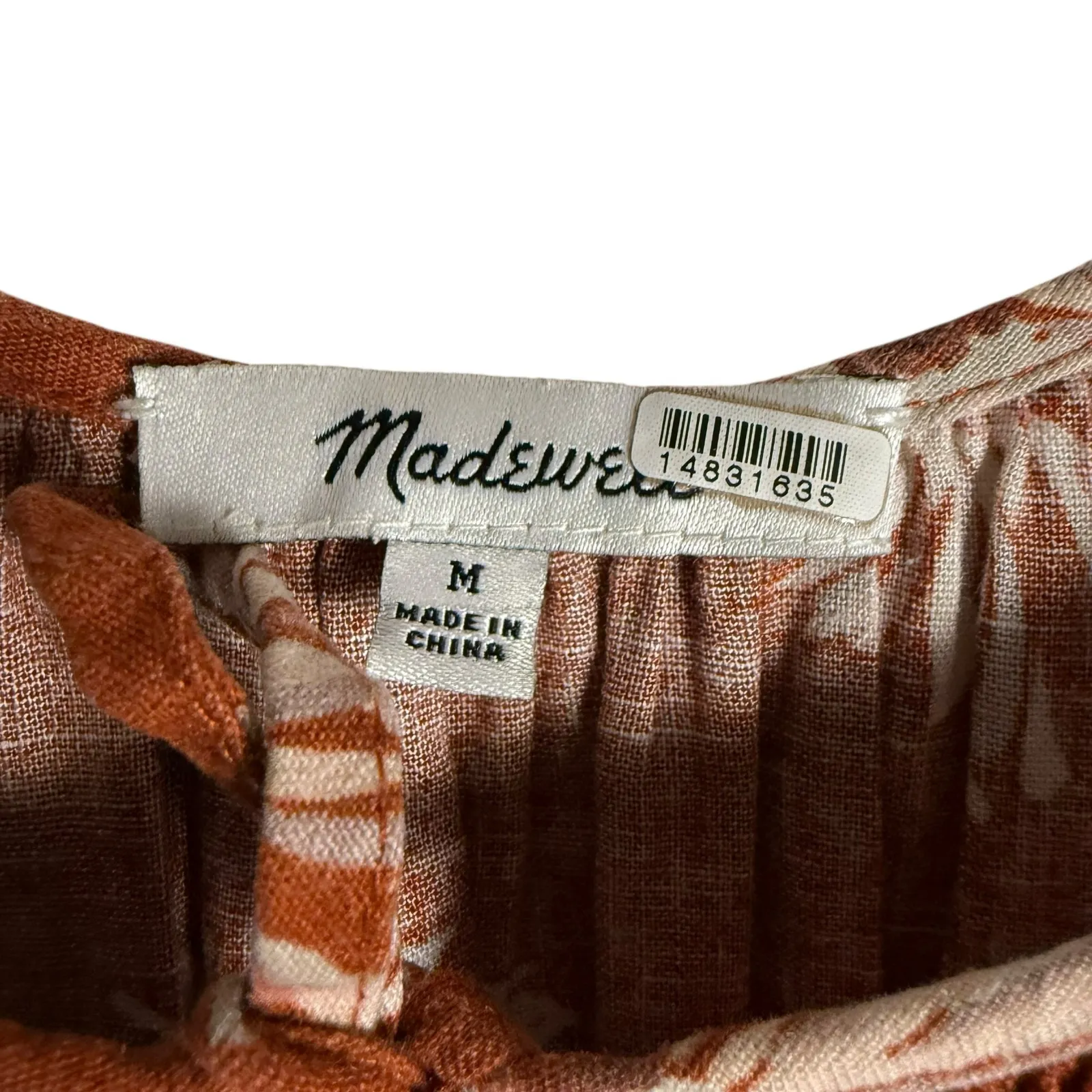 Madewell Linen Sophia Torch Rust Floral Print Smocked Puff Sleeve Short Dress M - Image 3