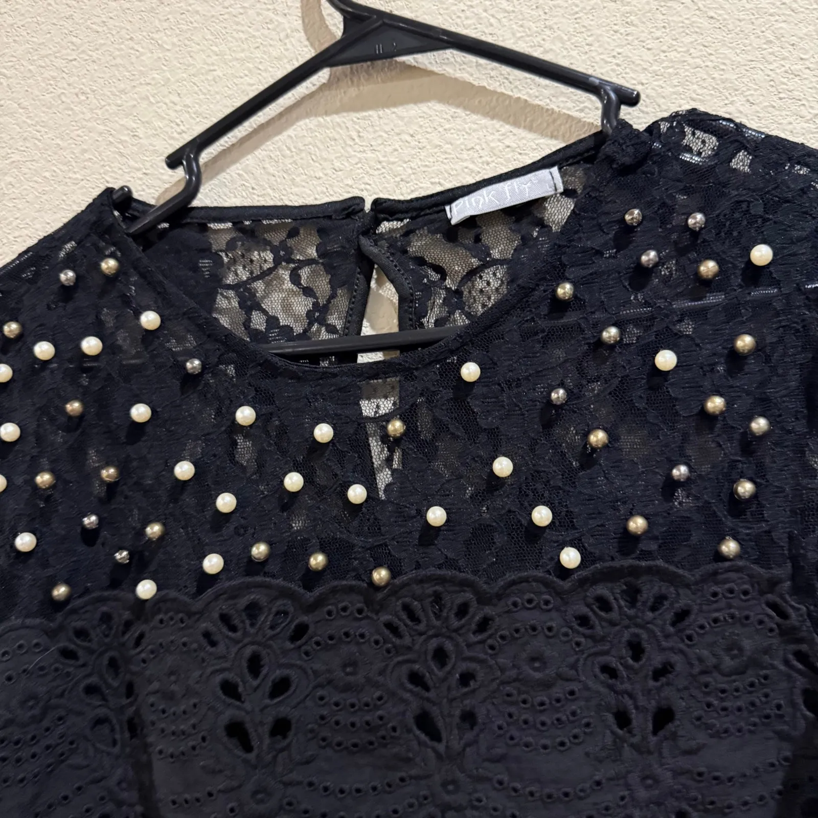 Pink Fly‎ Black Lace Pearl Embellished Cap Sleeve Top Blouse Size L Size L - Image 2