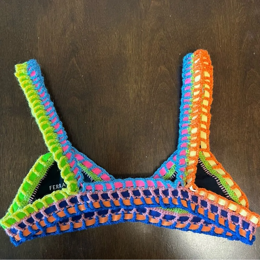 Ferrarini By PQ Rainbow Colorful Stripe Triangle Bikini Top One Size Black Size M - Image 2