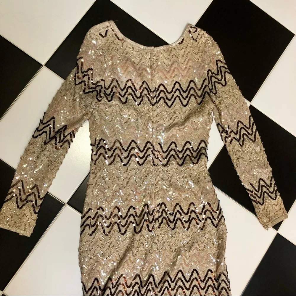 Vintage 70s Gold Long Maxi Dress All Over Sequin Chevron Pattern Evening Gown S Brown - Image 8