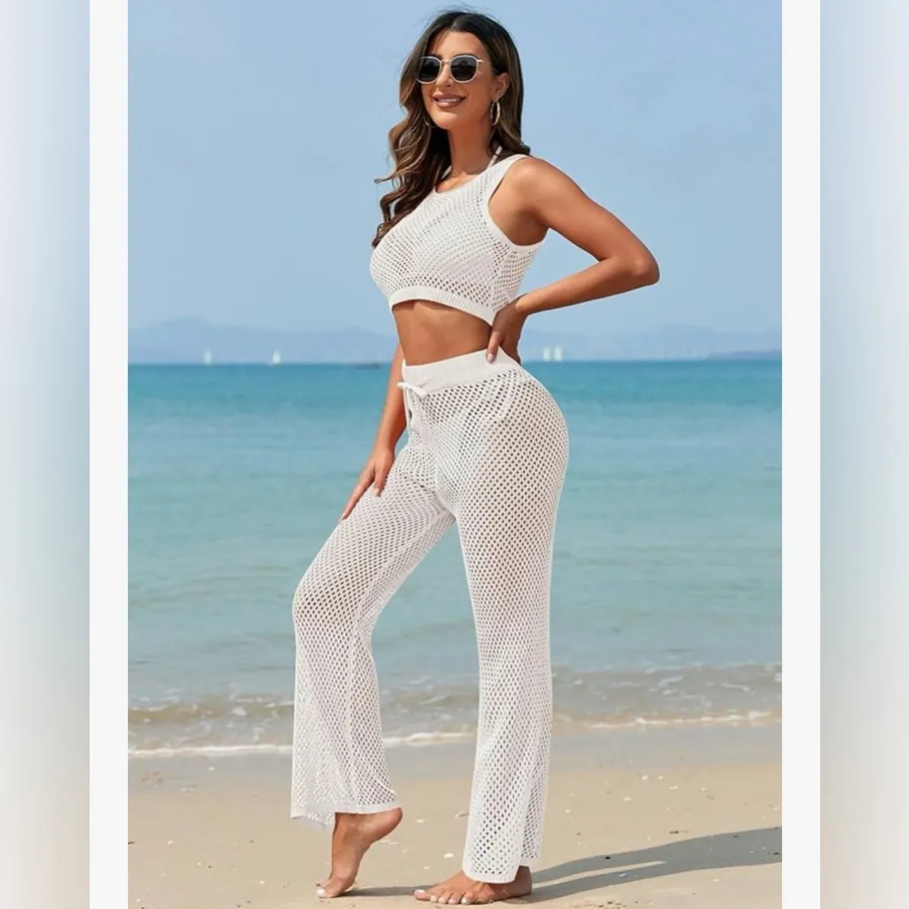 NEW Swimsuit Cover Up Set 2 Pc Crochet Sleeveless Crop Top Wide Leg Long Pants S White - Image 5