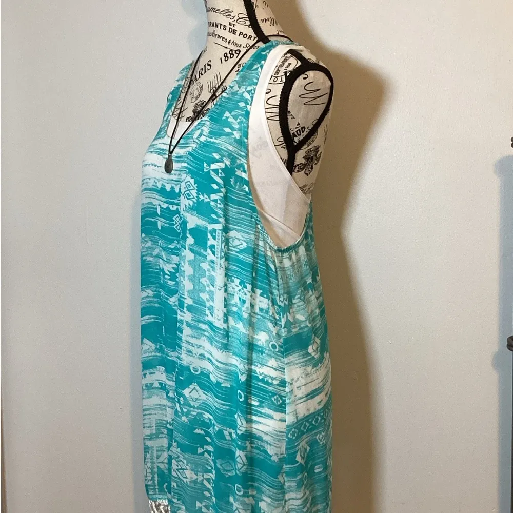 FRANCESCA SWIMSUIT BEACH COVERUP TURQUOISE & WHITE w/CROCHETED WHITE FRINGE Size S/M - Image 5