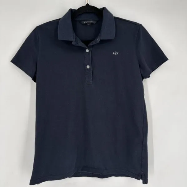 Armani‎ Exchange Women’s Dark Navy Polo Shirt Medium A|X Logo Buttons Cotton - Image 2