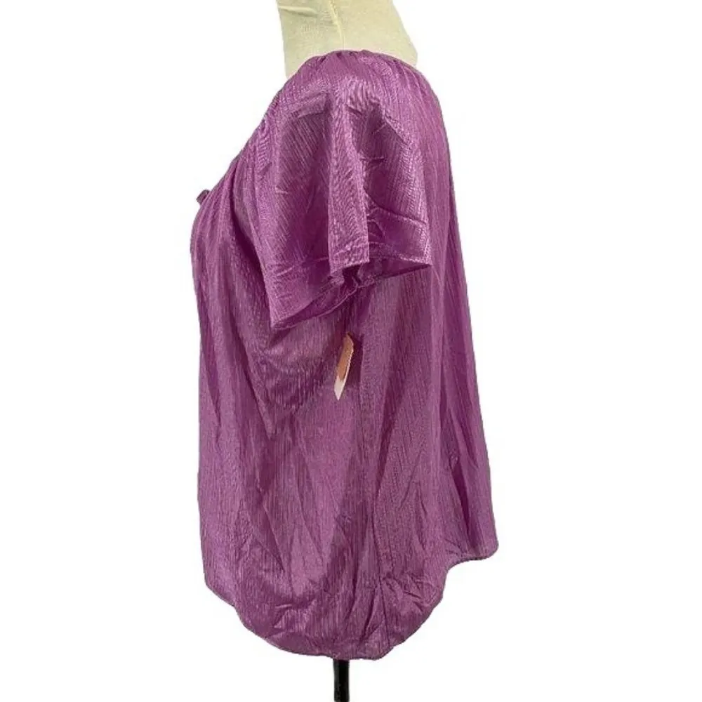 Vintage Shiny Nylon Short Sleeve Sleep Top Purple Womens Size Medium Dead Stock - Image 3