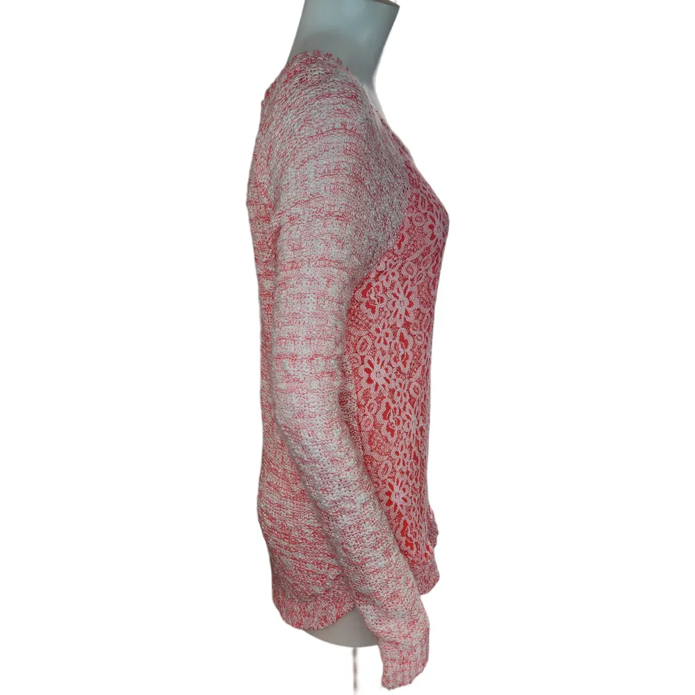 Cloud Chaser Size Large Pink White Open Knit Floral Lace Long Sleeve Sweater - Image 10