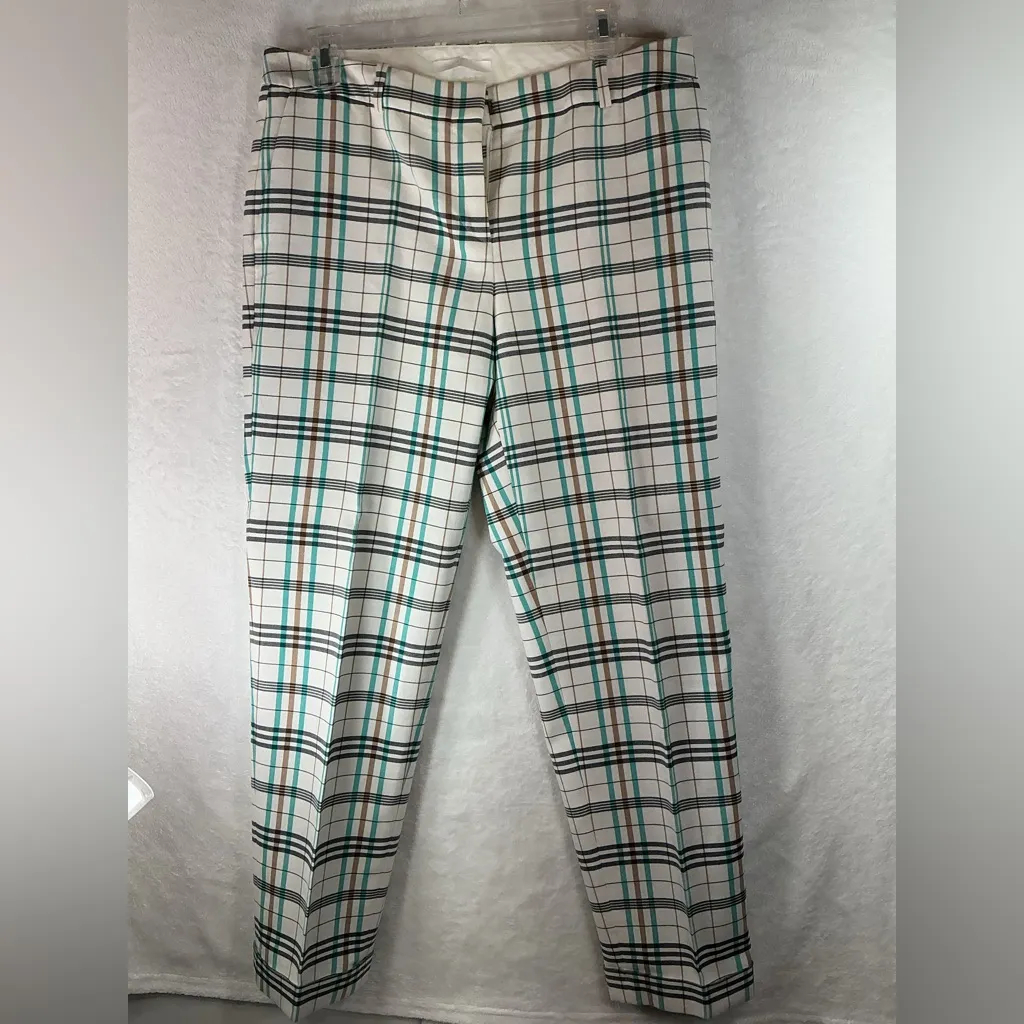 Boss White Plaid Trousers with Blue and Brown Size 6 - Image 2