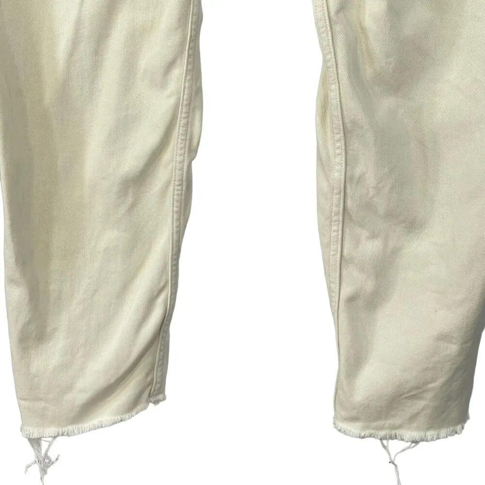 Zara Denim SZ 4 Baggy Paper Bag Jeans High-Rise Zip-Fly Frayed Hems Pocket Cream - Image 5