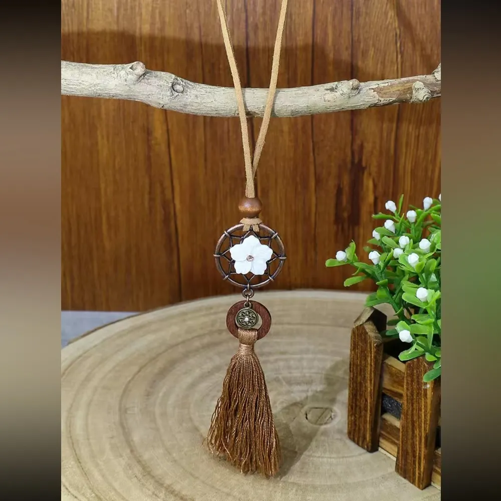 Boho Ladies 1 Pendant Necklace Round Hollow Set‎ White Flower Coffee Color Tan - Image 4