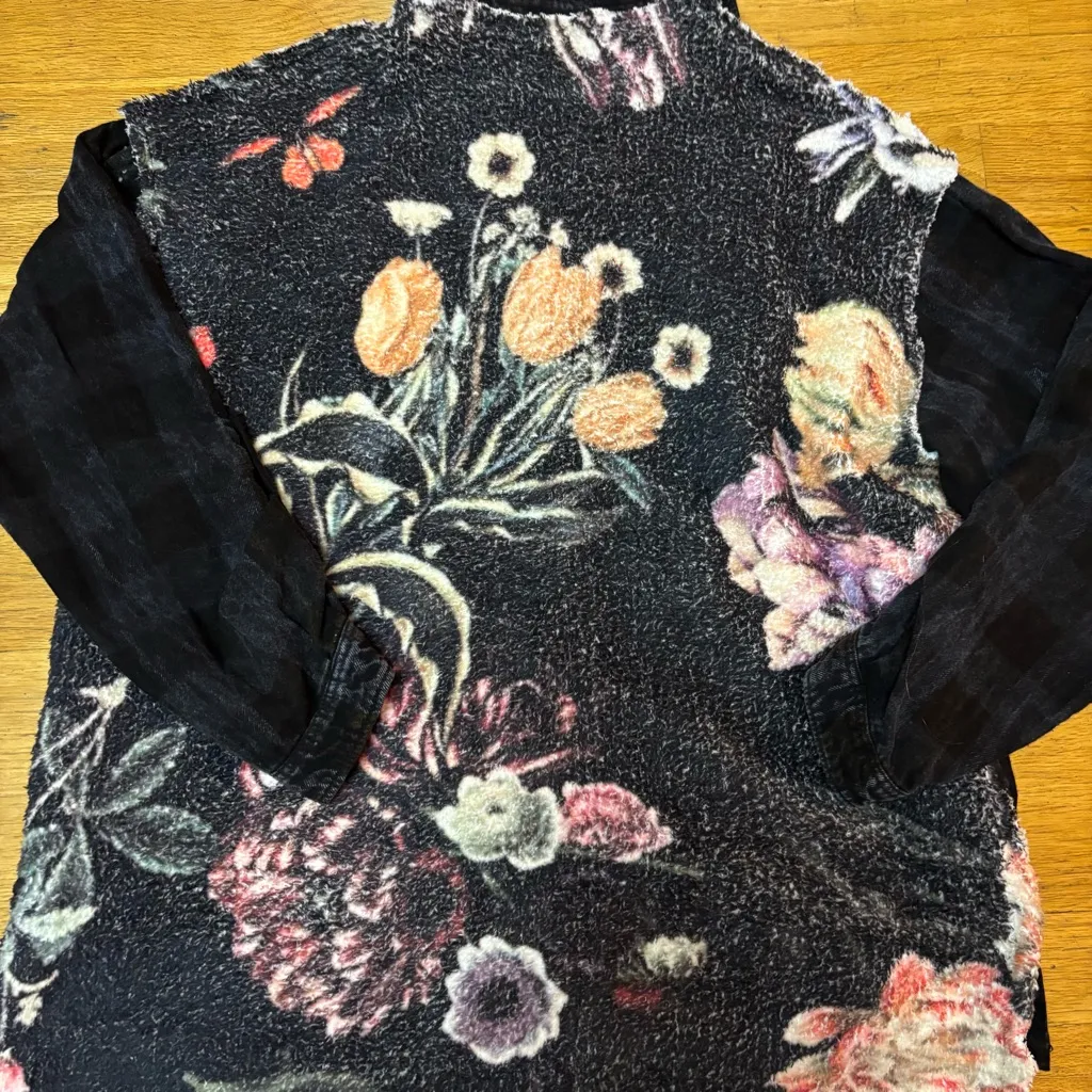 The Nu Vintage Plaid Floral Pockets Lagenlook Fisherman Slouchy Teddy Shacket M Black Size M - Image 4