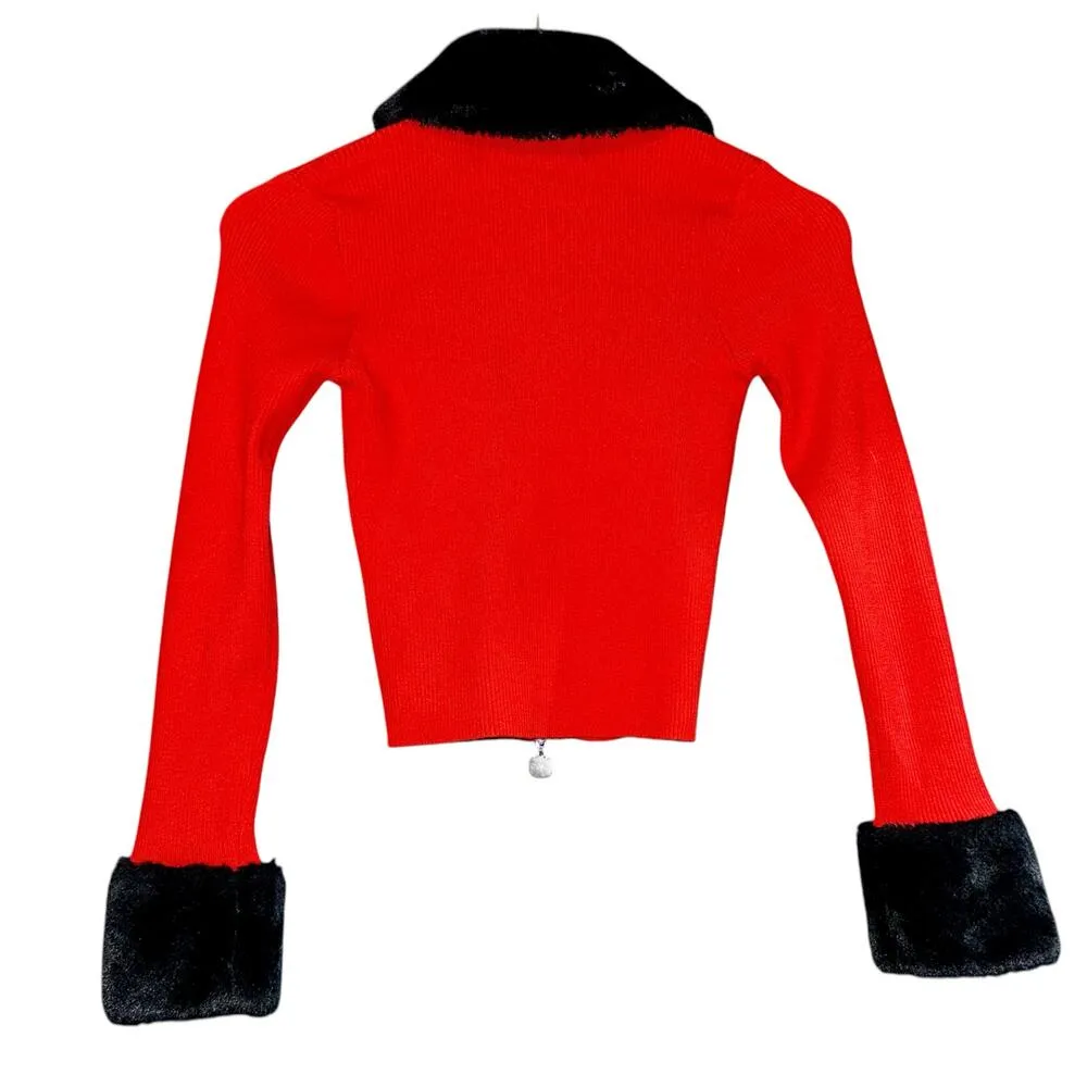 Hello Kitty & Friends Faux Fur-Trim Zip Up Sweater Size Small Red Holiday Y2K - Image 4