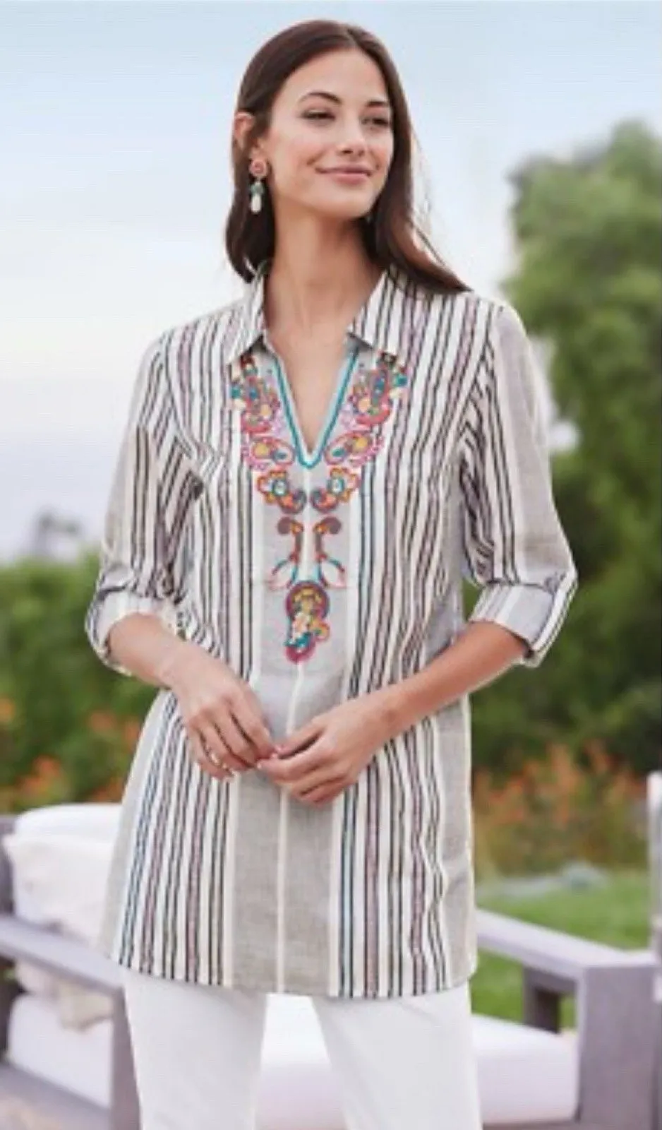 Soft Surrounding Brookhaven Tunic blouse Embroidered Size L Boho chic western - Image 1