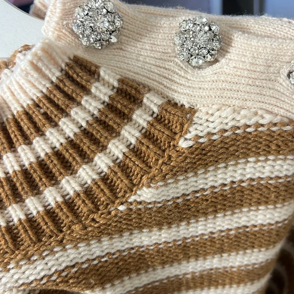 J.CREW CARAMEL NATURAL CABLE KNIT MOCKNECK STRIPE JEWEL BUTTONS SWEATER - Image 5