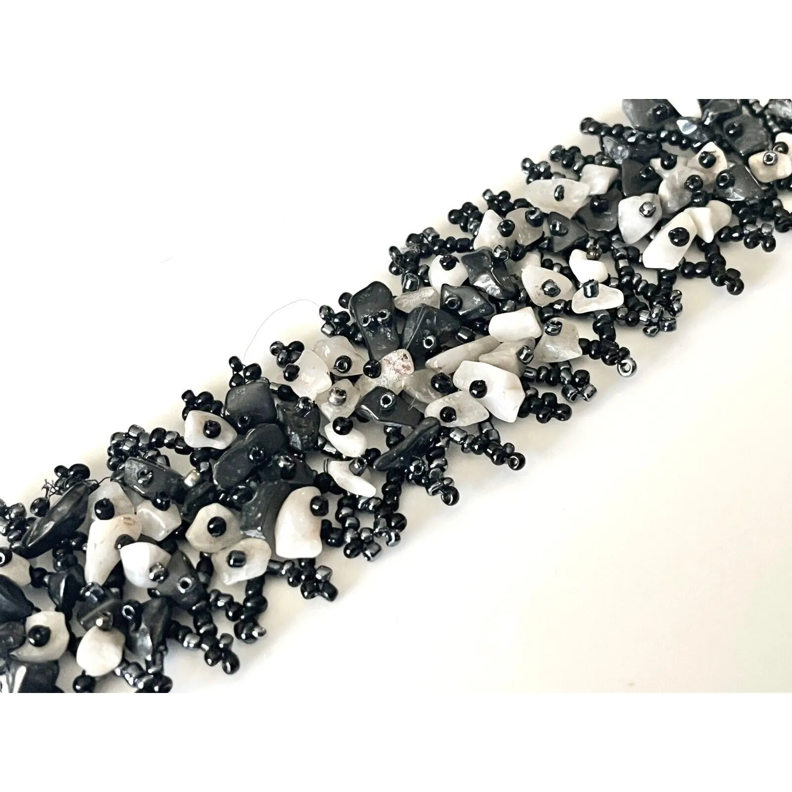 Woven Micro Bead Agate Stone Bracelet Blue White Gray 1.5" Wide 7-8" Wrist - Image 3