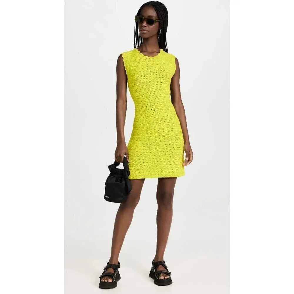 Ganni Velvet Crochet Open Back Mini Dress in Lime Punch Small New Womens Velour - Image 16