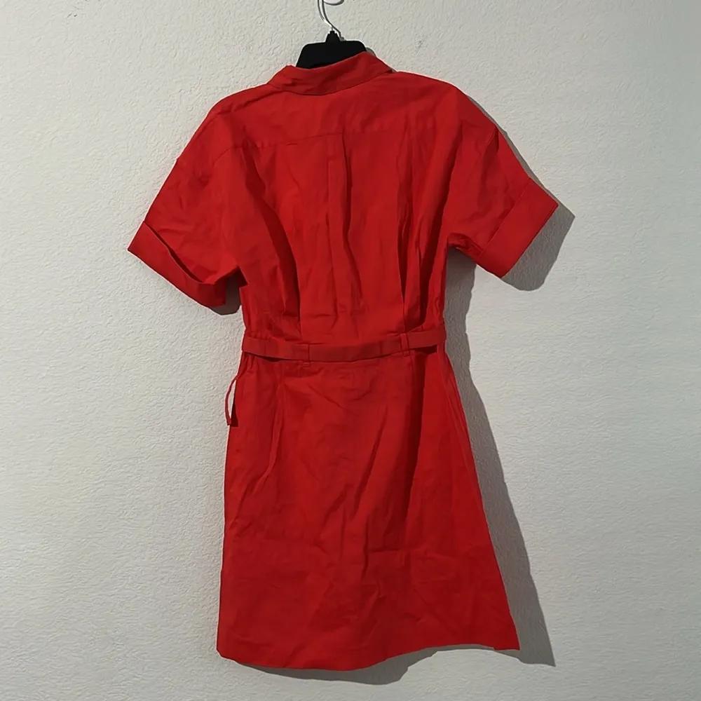 Theory Linen-Blend Eco Crunch Belted Casual Shirt Dress Poppy Red, NWT, Size 4 - Image 7