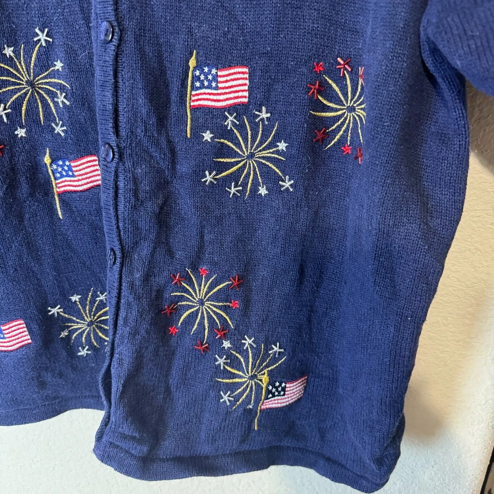 Croft & Barrow Cardigan Sweater Fireworks Flags Embroidered 4th of July USA XL - Image 4