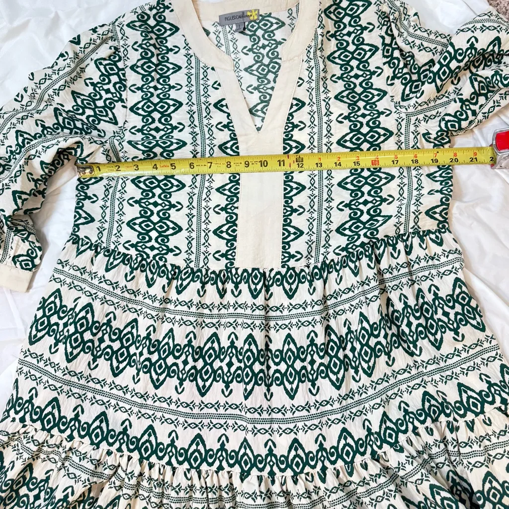 Figueroa & Flower Boho Cottagecore Tiered Midi Dress L — Cream & Teal Split Neck - Image 9