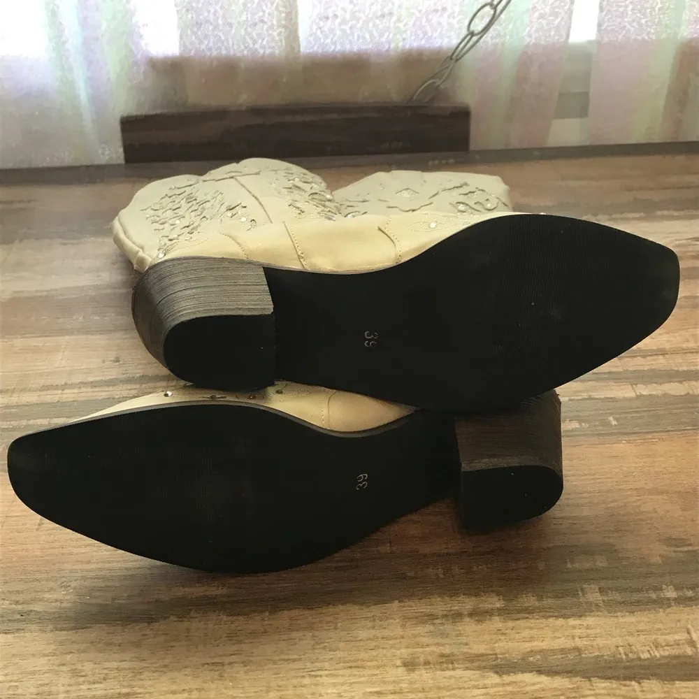 Retro Women's Cowgirl Cowboy Block Heel Mid Wide Calf Western Shoes Size 39 Silver - Image 8