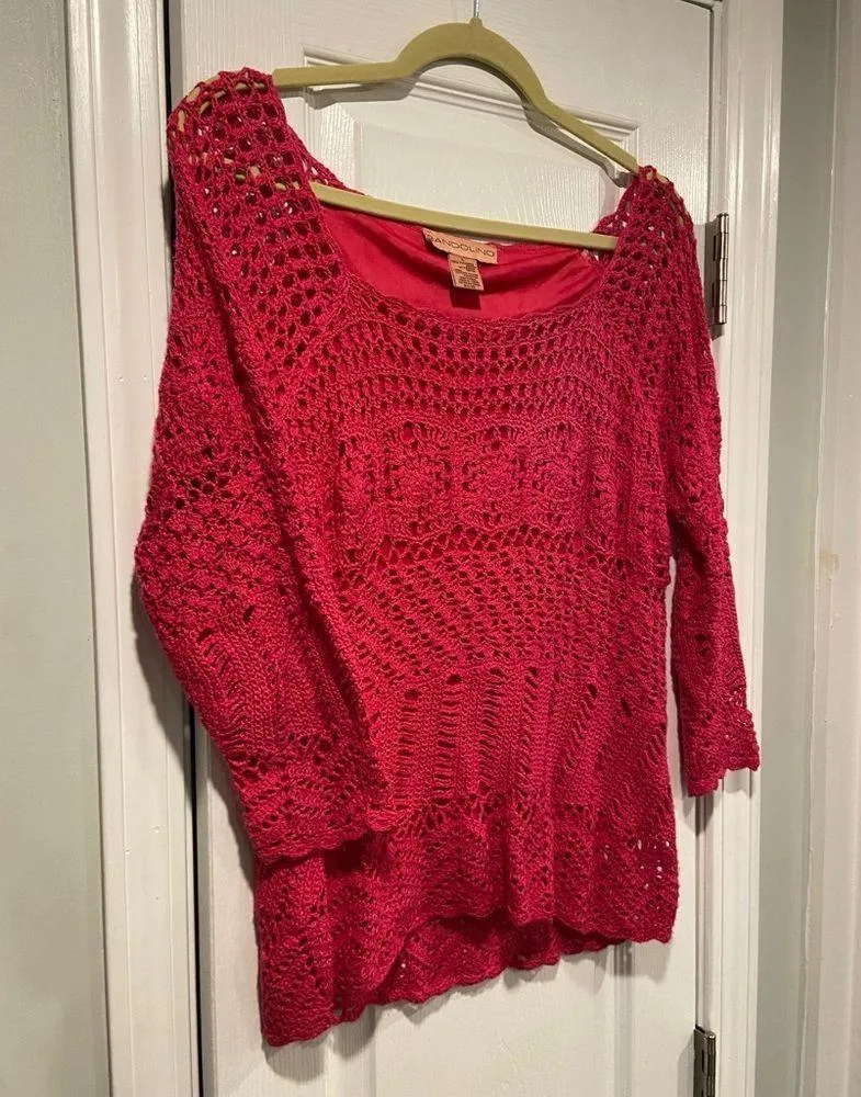 Bandolino Size L Pink Crochet 3/4 Sleeve Ramie Blend Top 3/4 Sleeve Scoop Neck - Image 3