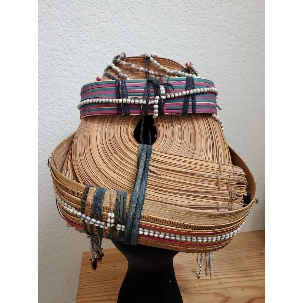 VTG Tribal Headdress Traditional Thai Ulo Akha Hill Beads Shells Yarn Hand Made - Image 11