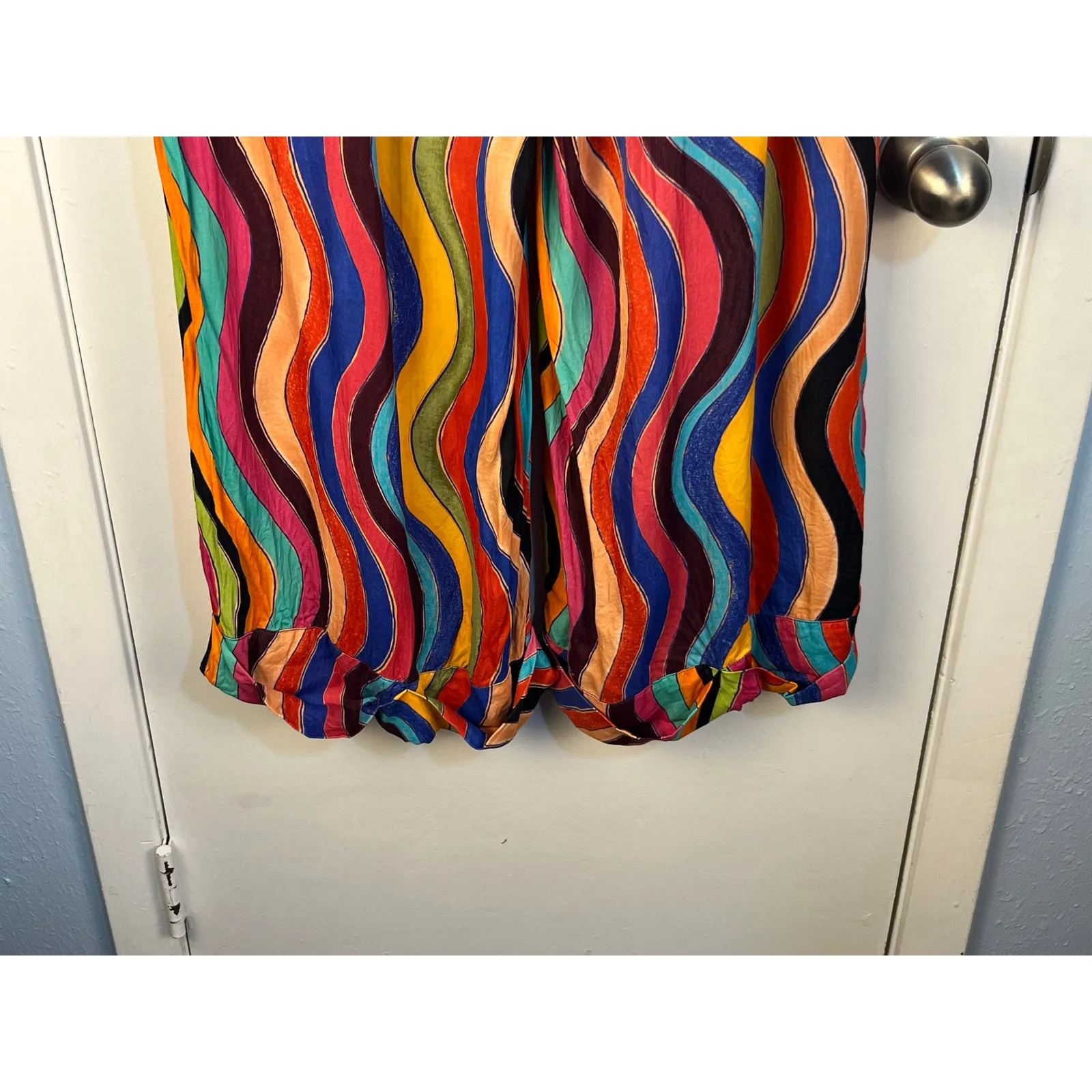 Farm Rio x Anthropologie Pants Large High Rise Striped Rainbow Wide Leg Red - Image 8