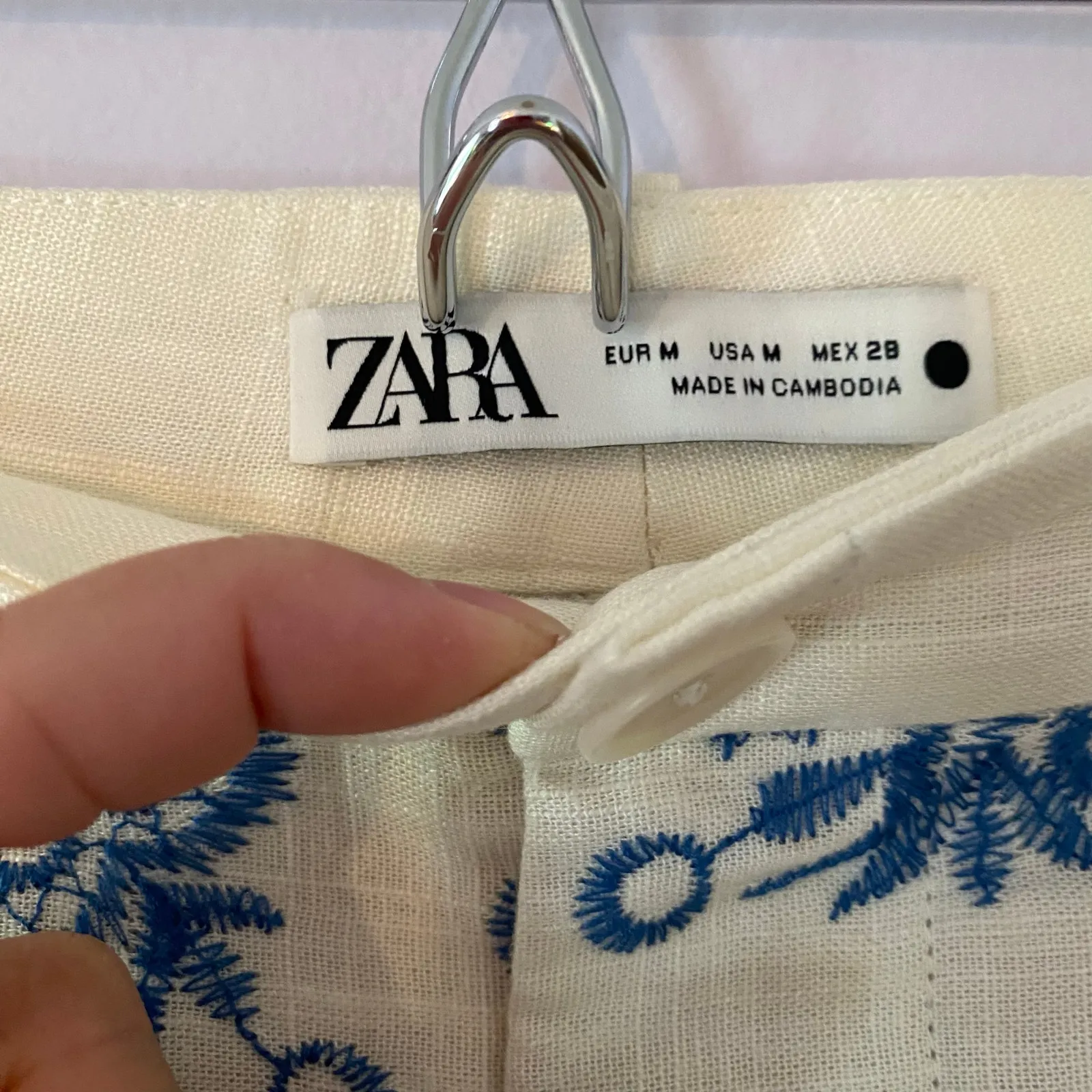 Zara Cream Blue Embroidered Viscose Linen Blend Wide Leg Pants Women size Medium - Image 3
