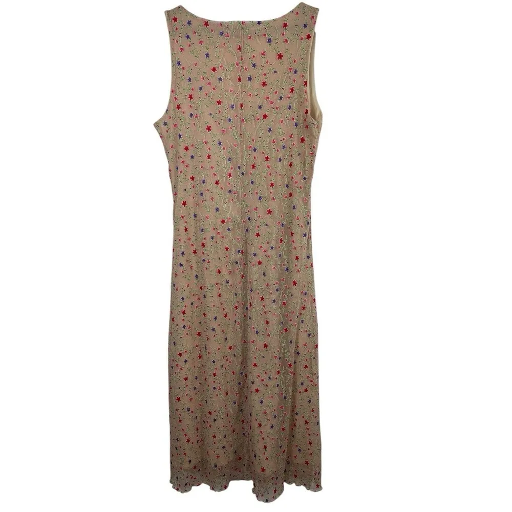 VTG Y2K Portrait Tan Ditsy Floral Babydoll Sleeveless Mesh Sheer Lined Dress L Brown Size L - Image 5