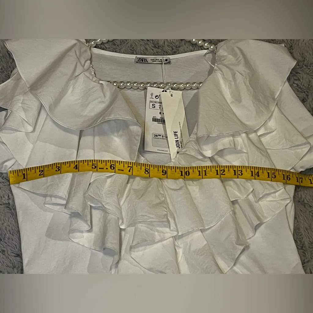 Zara White ruffled Top Size S 100% Cotton - Image 7