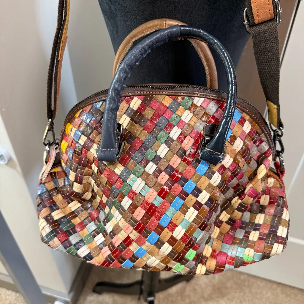 Multicolor Leather Basket Weave Shell Purse Bag Shoulder Crossbody Abstract - Image 3