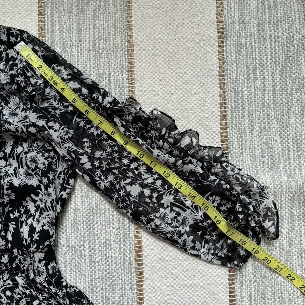 Shoshanna Praiano Black White Floral 3/4 Puff Ruffled Sleeve Silk Mini Dress 4 - Image 10
