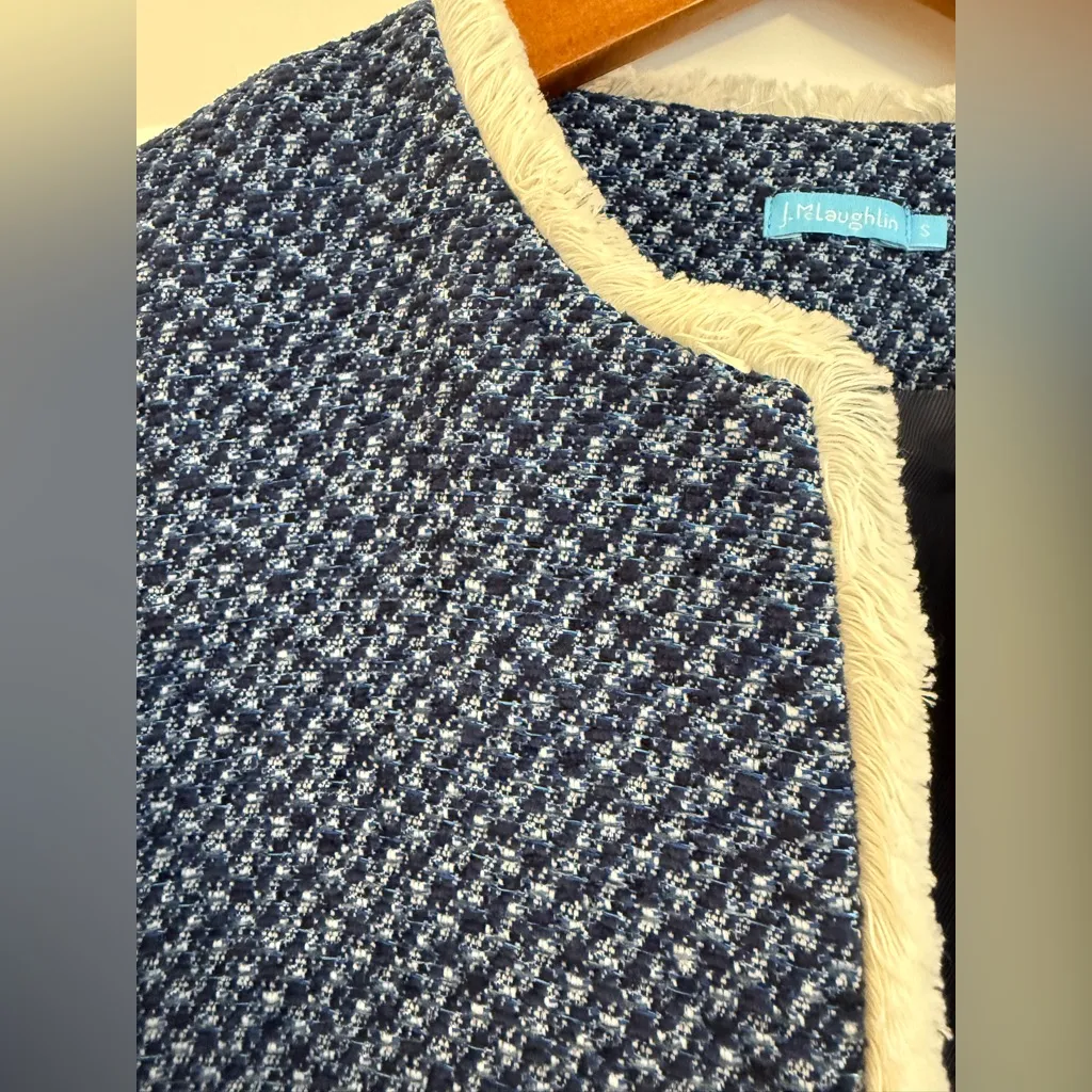 J. McLaughlin Fringed Tweed Coat Women's Size S Hook & Eye Closure Midi Pockets - Image 5