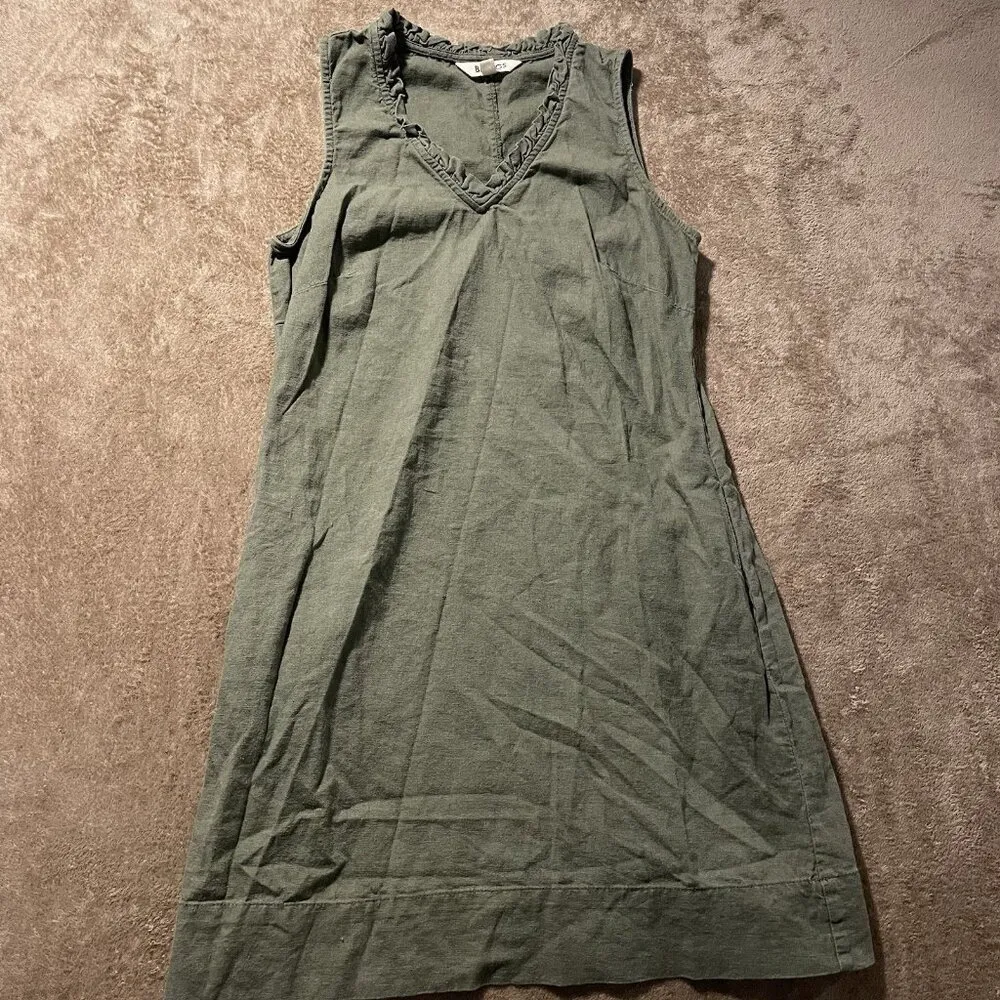 Briggs Dress Womens Medium Linen Olive Green Ruffle Vneck Knee Length Sleeveless - Image 2